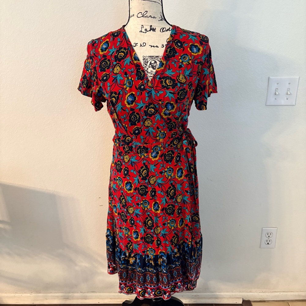 Floral Red and Blue Women's Dress L